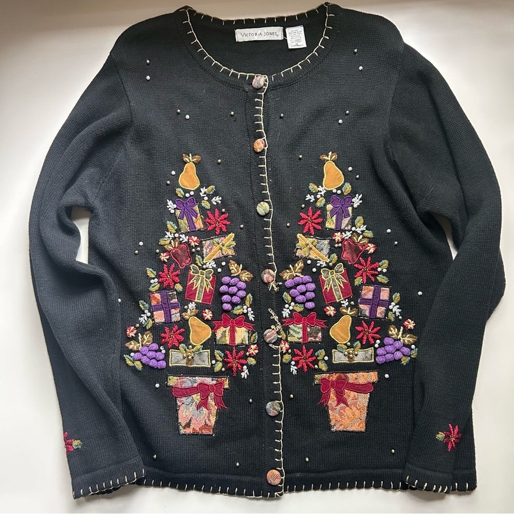 Victoria Jones Woman Black Cardigan, Colorful Embroidery, Cottage Vintagesize M